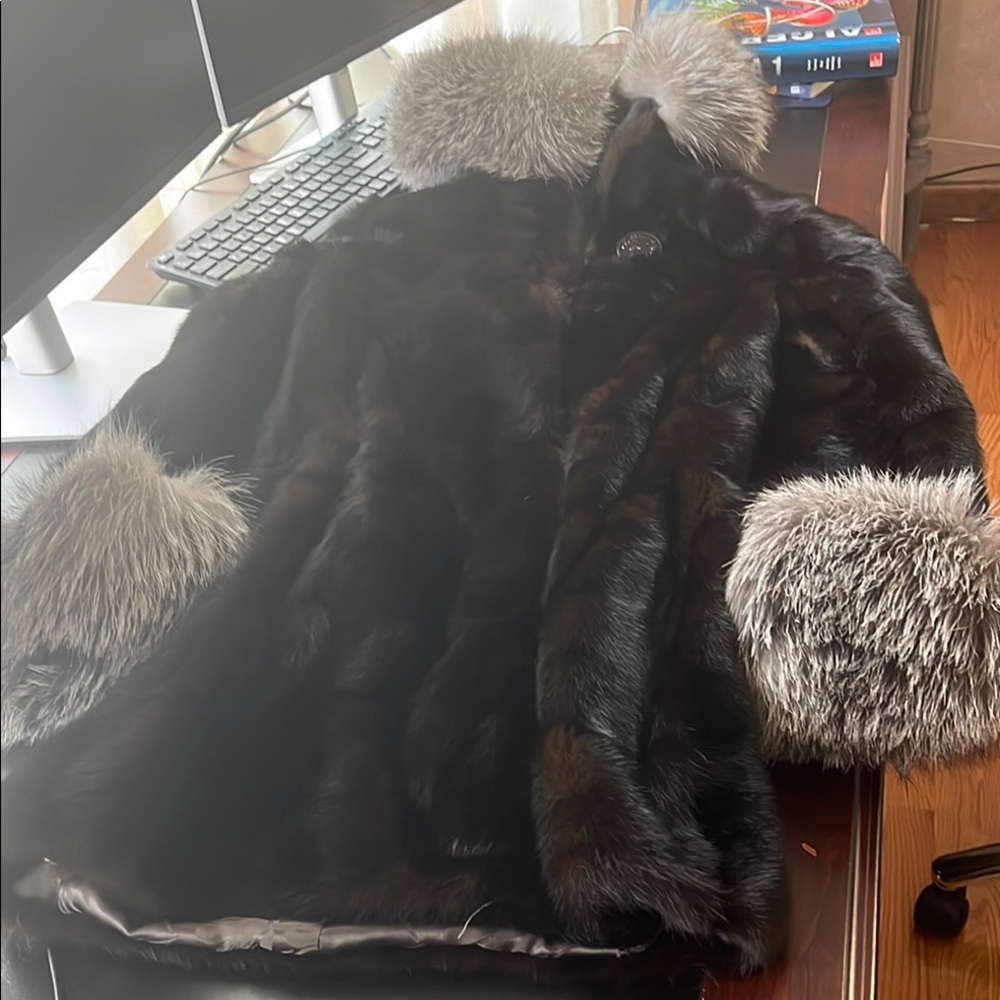 Chic Black Fur Coat with Silver Details